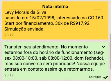 Nota interna real no Teia CRM